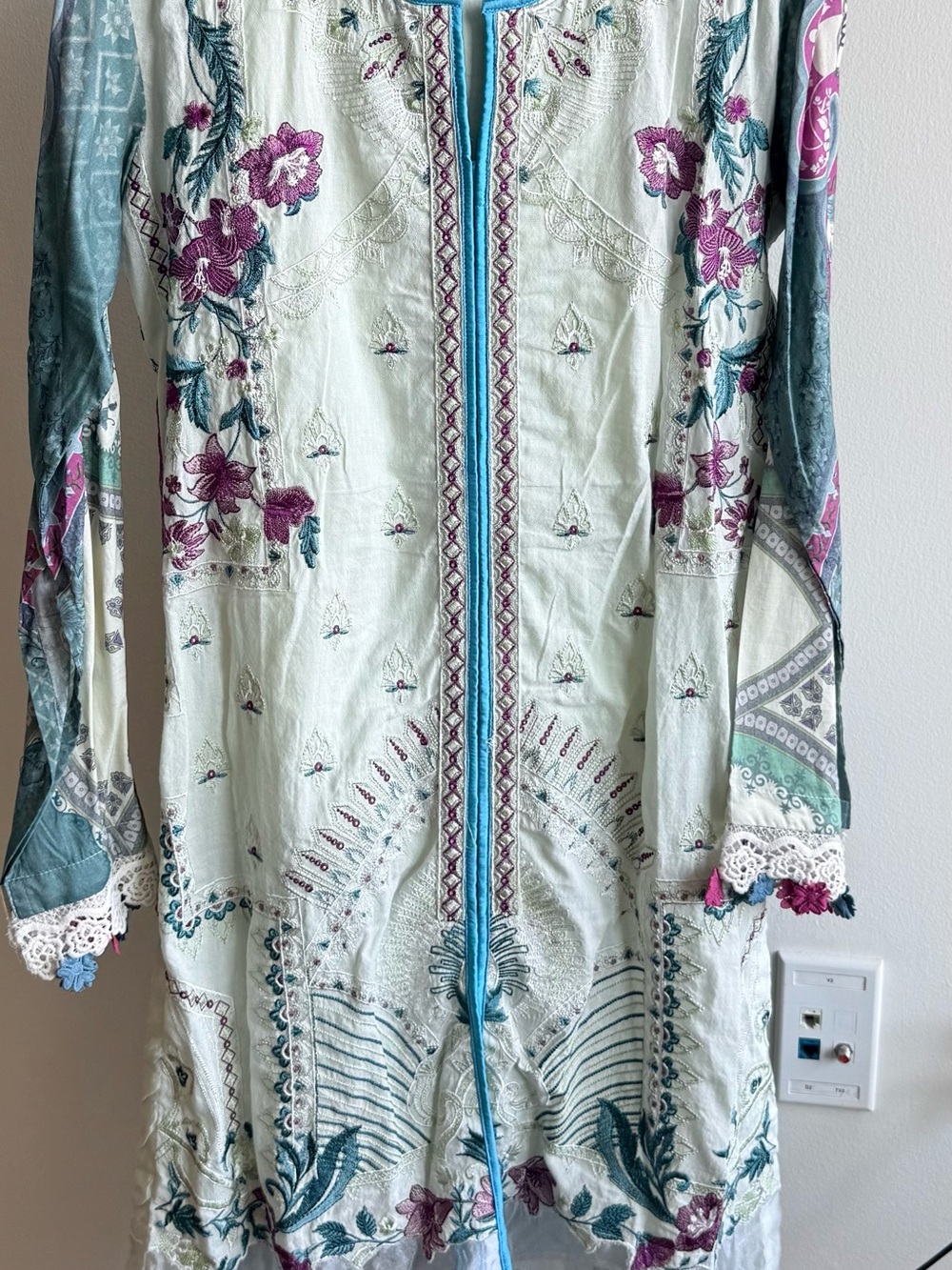Stunning Salwar Kameez and Dupatta never worn in shades of mint, blue, and pink.